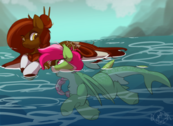 Size: 3136x2300 | Tagged: safe, artist:beardie, oc, oc only, oc:snapdragon, oc:teuila, okapi, original species, shark, shark pony, cute, high res, looking at each other, looking at someone, partially submerged, surfboard, swimming, water