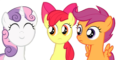 Size: 2234x1096 | Tagged: safe, artist:jan, edit, edited screencap, screencap, apple bloom, scootaloo, sweetie belle, earth pony, pegasus, pony, unicorn, ask the crusaders, g4, background removed, cutie mark crusaders, eyes closed, female, filly, foal, not a vector, simple background, transparent background