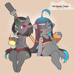Size: 1200x1200 | Tagged: safe, artist:cold-blooded-twilight, oc, oc only, oc:blazing saddles, oc:tundra sparkle, pony, semi-anthro, ahoge, arm hooves, beauty mark, bridge piercing, burger, clothes, colored hooves, crossed legs, drink, drinking straw, duo, ear piercing, earring, eating, female, filly, floppy ears, foal, food, hair over one eye, heterochromia, hoof hold, human shoulders, jewelry, lidded eyes, nose piercing, piercing, shorts, sitting, sparkles, torch, unshorn fetlocks, wide hips