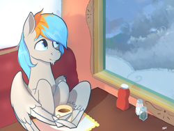 Size: 1837x1378 | Tagged: safe, artist:storyteller, oc, oc only, oc:shade flash, pegasus, pony, cloud, coffee, commission, lightning, male, solo, stallion, window, wing hands, wings