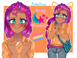 Size: 2160x1620 | Tagged: safe, artist:diameltzowo, sunny starscout, earth pony, human, g5, my little pony: a new generation, bag, clothes, dark skin, female, food, happy, humanized, orange, pansexual pride flag, pride, pride flag, purse, smiling, solo