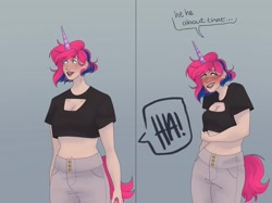 Size: 2732x2048 | Tagged: safe, artist:snows-undercover, derpibooru exclusive, oc, oc only, oc:lilac, human, belly button, blushing, boob window, clothes, commission, ear piercing, earring, embarrassed, female, grin, high res, horn, horned humanization, humanized, humanized oc, jeans, jewelry, midriff, offscreen character, open mouth, pants, piercing, shirt, smiling, solo, t-shirt, tail, tailed humanization