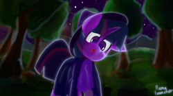 Size: 3860x2160 | Tagged: safe, artist:llamalauncher, twilight sparkle, pony, g4, female, forest, hat, high res, night, one ear down, solo, tree, witch, witch hat