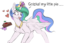 Size: 1950x1305 | Tagged: safe, artist:vetta, princess celestia, alicorn, pony, g4, cake, cakelestia, colored, crown, curved horn, female, floating heart, food, glowing, glowing horn, heart, horn, jewelry, lacrimal caruncle, levitation, magic, mare, peytral, regalia, simple background, sketch, solo, sternocleidomastoid, telekinesis, that pony sure does love cakes, turned head, white background, yandere