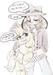 Size: 614x869 | Tagged: safe, artist:mimiporcellini, applejack, earth pony, human, pony, g4, crossover, crossover shipping, eyes closed, hol horse, holding a pony, holjack, interspecies, jojo's bizarre adventure, shipping, smiling