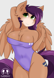 Size: 2894x4203 | Tagged: safe, artist:panda-man90, oc, oc only, oc:fast hooves, clydesdale, pegasus, anthro, unguligrade anthro, arm behind head, breasts, cleavage fluff, clothes, commissioner:bigonionbean, female, fusion, fusion:flash sentry, fusion:trouble shoes, implied transgender transformation, mare, one-piece swimsuit, pose, rule 63, solo, swimsuit, wings, writer:bigonionbean