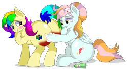 Size: 9000x4846 | Tagged: safe, artist:rainbowtashie, oc, oc:instant care, oc:rainbow tashie, earth pony, pegasus, pony, blushing, bruised, butt, commissioner:bigonionbean, cream, embarrassed, extra thicc, female, flank, fusion, fusion:lightning dust, fusion:nurse redheart, giggling, hat, large butt, looking back, lotion, mare, nintendo, nintendo 64, nurse hat, plot, simple background, the ass was fat, transparent background, writer:bigonionbean