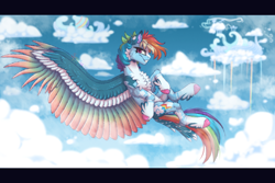 Size: 900x600 | Tagged: safe, artist:spectrasus, rainbow dash, g4, cheek fluff, chest fluff, cloud, cloudsdale, colored wings, ear fluff, fluffy, flying, rainbow waterfall, sky, solo, wings