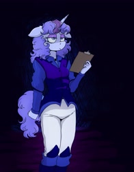 Size: 2670x3414 | Tagged: safe, artist:paskanaakka, derpibooru exclusive, oc, oc only, oc:midnight dew, unicorn, anthro, alternate timeline, clipboard, clothes, female, floppy ears, high res, lidded eyes, mare, nightmare takeover timeline, solo, uniform