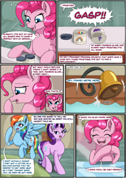 Size: 2893x4092 | Tagged: safe, artist:novaspark, part of a set, pinkie pie, rainbow dash, starlight glimmer, earth pony, pegasus, pony, unicorn, art pack:summer snarfing, g4, comic, dialogue, imminent vore, sugarcube corner, this will end in cupcakes