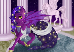 Size: 1280x906 | Tagged: safe, artist:nuumia, oc, oc only, oc:phantasia, bat pony, pony, bat pony oc, bat wings, clothes, column, dress, female, looking at you, mare, smiling, smiling at you, solo, statue, wings