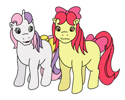 Size: 568x452 | Tagged: safe, artist:mattiedrawsponies, apple bloom, sweetie belle, earth pony, pony, unicorn, g1, g4, adorabloom, apple bloom's bow, blank flank, bow, colored, cute, diasweetes, duo, female, filly, foal, g4 to g1, generation leap, hair bow, open mouth, open smile, simple background, smiling, tail, tail bow, transparent background, vector