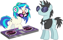 Size: 9440x6050 | Tagged: safe, artist:caliazian, artist:chainchomp2 edits, edit, vector edit, dj pon-3, neon lights, rising star, vinyl scratch, pony, unicorn, g4, slice of life (episode), sweet and elite, .svg available, absurd resolution, background pony, blushing, clothes, female, headphones, male, mare, necktie, open mouth, ship:vinylights, shipping, shirt, simple background, smiling, stallion, straight, sunglasses, transparent background, turntable, vector