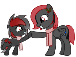 Size: 1200x902 | Tagged: safe, artist:idkhesoff, oc, oc only, oc:nightmare dash, oc:raven beat, earth pony, pegasus, pony, 2022 community collab, derpibooru community collaboration, clone, duo, female, hearth's warming eve, looking at each other, looking at someone, mother and child, mother and daughter, simple background, smiling, transparent background, winter