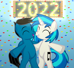 Size: 7200x6600 | Tagged: safe, artist:agkandphotomaker2000, dj pon-3, vinyl scratch, oc, oc:pony video maker, pegasus, pony, unicorn, g4, bipedal, canon x oc, eyes closed, female, folded wings, happy new year, happy new year 2022, holding each other, holiday, male, neon, neon sign, new year, open mouth, shipping, show accurate, sign, simple background, smiling, straight, videoscratch, wings