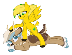 Size: 2823x2170 | Tagged: safe, artist:eyeburn, oc, oc:dexter, oc:mia mesa, deer, inflatable pony, female, high res, inflatable, male, petting, plushie, simple background, transparent background