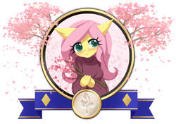 Size: 850x600 | Tagged: safe, artist:howxu, part of a set, fluttershy, anthro, g4, blushing, breasts, cherry blossoms, clothes, cute, flower, flower blossom, shyabetes, simple background, solo, sweater, sweatershy, transparent background
