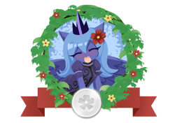 Size: 850x600 | Tagged: safe, artist:howxu, part of a set, princess luna, alicorn, anthro, g4, cute, eyes closed, flower, flower in hair, lunabetes, open mouth, open smile, s1 luna, simple background, smiling, solo, transparent background