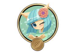 Size: 850x600 | Tagged: safe, artist:howxu, part of a set, coco pommel, earth pony, anthro, g4, blushing, cocobetes, cute, flower, flower in hair, looking at you, one eye closed, simple background, solo, transparent background, wink, winking at you