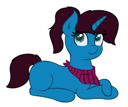 Size: 1963x1648 | Tagged: safe, artist:eyeburn, oc, oc only, oc:altus bastion, pony, unicorn, 2022 community collab, derpibooru community collaboration, bandana, female, looking at you, lying down, mare, prone, simple background, solo, transparent background