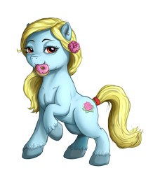 Size: 2227x2554 | Tagged: safe, artist:celsian, oc, oc:larimare, earth pony, pony, 2022 community collab, derpibooru community collaboration, blonde, donut, ear piercing, earring, female, flower, flower in hair, food, high res, jewelry, mare, mouth hold, piercing, raised hoof, simple background, solo, tail, tail wrap, transparent background, unshorn fetlocks