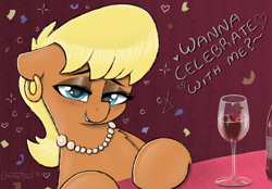 Size: 1944x1356 | Tagged: safe, artist:llametsul, ms. harshwhinny, earth pony, pony, g4, alcohol, bedroom eyes, blushing, bottle, chest fluff, colored, confetti, cougar, dialogue, drunk, ear piercing, earring, eyeshadow, female, glass, go home you're drunk, happy new year, heart, heart eyes, holiday, jewelry, lidded eyes, looking at you, makeup, mare, milf, necklace, pearl necklace, piercing, smiling, smiling at you, solo, text, wine, wine bottle, wine glass, wingding eyes