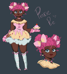 Size: 3816x4213 | Tagged: safe, artist:charrlll, pinkie pie, human, g4, alternate hairstyle, blue background, bow, clothes, cute, dark skin, diapinkes, dress, female, flats, food, hair bow, humanized, jewelry, necklace, oven mitts, pie, shoes, simple background, socks, solo, stockings, thigh highs