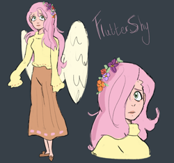 Size: 3297x3068 | Tagged: safe, artist:charrlll, fluttershy, human, g4, alternate hairstyle, blue background, clothes, cute, female, flats, floral head wreath, flower, hair over one eye, high res, humanized, long skirt, shoes, shyabetes, simple background, skirt, solo, sweater, sweatershy, winged humanization, wings