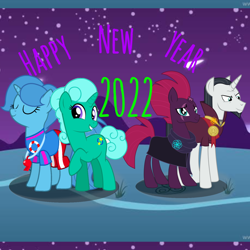 Size: 1378x1378 | Tagged: safe, artist:decokenite, edit, chancellor neighsay, fizzlepop berrytwist, glitter drops, spring rain, tempest shadow, pony, unicorn, g4, 2022, female, happy new year, holiday, male, mare, new year, stallion
