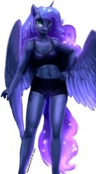 Size: 499x900 | Tagged: safe, artist:raphaeldavid, princess luna, alicorn, anthro, g4, abs, clothes, female, hand on hip, looking at you, muscles, shorts, simple background, smiling, solo, sports bra, sports shorts, white background, workout outfit