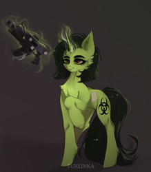 Size: 3500x4000 | Tagged: safe, artist:purlin-ka, oc, oc only, oc:poison kiss, pony, unicorn, abstract background, bolter, chaos, cheek fluff, chest fluff, crossover, cultist, ear fluff, eyebrows, eyelashes, female, glowing, glowing horn, grin, gun, horn, magic, magic aura, mare, nurgle, raised hoof, smiling, solo, telekinesis, unicorn oc, warhammer (game), warhammer 40k, weapon