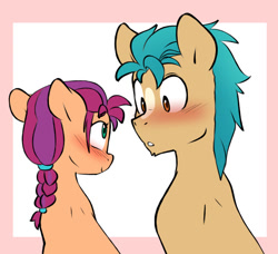 Size: 540x492 | Tagged: safe, artist:chub-wub, hitch trailblazer, sunny starscout, earth pony, pony, g5, my little pony: a new generation, blushing, braid, duo, female, male, mare, shipping, simple background, stallion, stare, straight, sunnyhitch
