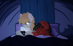 Size: 3000x1900 | Tagged: safe, artist:aaronmk, oc, oc only, oc:littlepip, oc:red eye, earth pony, pony, unicorn, fallout equestria, alternate universe, alternate universe of an alternate universe, bed, cellphone, dark, duo, eye reflection, female, mare, night, phone, red pip, reflection, sleeping, sleeping together, smartphone, vector