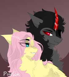 Size: 972x1080 | Tagged: safe, artist:purlin-ka, fluttershy, king sombra, pegasus, pony, unicorn, g4, duo, eye clipping through hair, female, fluffy, heart eyes, male, mare, no pupils, ship:sombrashy, shipping, stallion, straight, wingding eyes