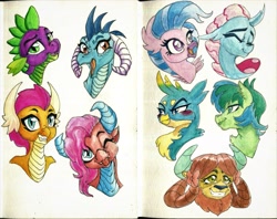 Size: 3219x2550 | Tagged: safe, artist:invalid-david, gallus, mina, ocellus, princess ember, sandbar, silverstream, smolder, spike, yona, changeling, dragon, earth pony, griffon, hippogriff, pony, yak, g4, blushing, bust, dragoness, female, high res, sketchbook, student six, traditional art, tsundere, watercolor painting