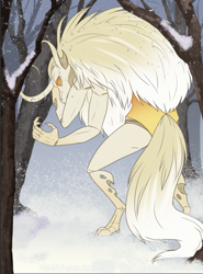 Size: 635x859 | Tagged: safe, artist:askbubblelee, oc, oc only, changeling queen, anthro, unguligrade anthro, anthro oc, changeling queen oc, cloven hooves, curved horn, digital art, female, horn, looking back, snow, snowfall, solo, tree, yellow changeling