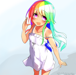 Size: 800x784 | Tagged: safe, artist:cz, rainbow dash, human, g4, anime style, bare shoulders, clothes, colored pupils, cute, cute little fangs, dashabetes, dress, fangs, female, humanized, looking at you, sleeveless, solo, tan lines