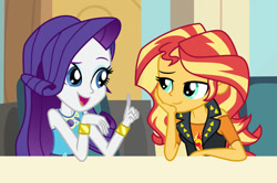 Size: 1024x681 | Tagged: safe, artist:emeraldblast63, rarity, sunset shimmer, comic:the tale of two sunsets, equestria girls, g4, bracelet, clothes, cutie mark on clothes, duo, jewelry, open mouth, rarity peplum dress, sleeveless, story in the source, vest
