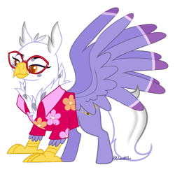 Size: 1368x1344 | Tagged: safe, artist:wicked-red-art, oc, oc only, oc:gerbera, classical hippogriff, hippogriff, between dark and dawn, clothes, glasses, hawaiian shirt, shirt, simple background, solo, transparent background