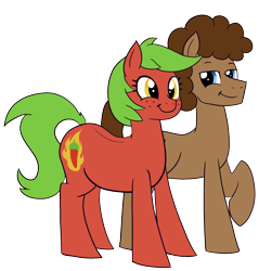 Size: 1612x1687 | Tagged: safe, artist:feralroku, oc, oc only, oc:cayenne, oc:strong runner, earth pony, pony, 2022 community collab, derpibooru community collaboration, chubby, female, freckles, male, mare, simple background, smiling, stallion, transparent background