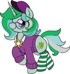 Size: 1042x1104 | Tagged: safe, artist:grodiechan, oc, oc only, oc:emeraldine stitch, pony, unicorn, 2022 community collab, derpibooru community collaboration, clothes, collared shirt, female, freckles, glasses, hat, jewelry, mare, necklace, princess celestia's cutie mark, shirt, simple background, socks, solo, stockings, striped socks, sweater, thigh highs, transparent background