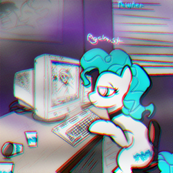 Size: 1000x1000 | Tagged: safe, artist:pawker, oc, oc only, oc:pigchrist, earth pony, pony, '90s, chair, commission, computer, cup, drugs, keyboard, marijuana, relaxing, sitting, smoking, solo, swamp cinema