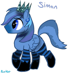 Size: 949x1019 | Tagged: safe, artist:pawker, oc, oc only, oc:simon pegasus, pegasus, pony, blue eyes, clothes, commission, crown, ear piercing, earring, jewelry, male, piercing, regalia, simple background, smiling, socks, solo, stallion, swamp cinema, transparent background