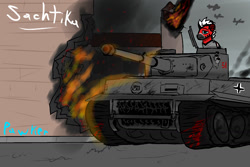 Size: 1500x1000 | Tagged: safe, artist:pawker, oc, oc only, oc:sachtika, earth pony, pony, blood, commission, fire, male, solo, swamp cinema, tank (vehicle), tiger (tank), world war ii