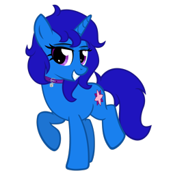 Size: 1500x1500 | Tagged: safe, artist:the smiling pony, oc, oc only, oc:delly, pony, unicorn, 2022 community collab, derpibooru community collaboration, g4, .svg available, blue mane, blue tail, collar, female, full body, grin, horn, lock, looking at you, mare, padlock, padlocked collar, purple eyes, raised hoof, raised leg, show accurate, simple background, smiling, solo, standing on two hooves, svg, tail, transparent background, unicorn oc, vector