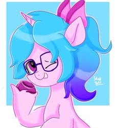 Size: 797x861 | Tagged: safe, artist:skylinepony_, izzy moonbow, pony, unicorn, g5, my little pony: a new generation, alternate hairstyle, glasses, looking at you, one eye closed, ponytail, smiling, solo, wink, winking at you