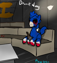 Size: 903x1000 | Tagged: safe, artist:pawker, oc, oc only, oc:drunkdog, earth pony, pony, alcohol, beer, blood, commission, crying, male, sitting, solo, swamp cinema, tears of pain