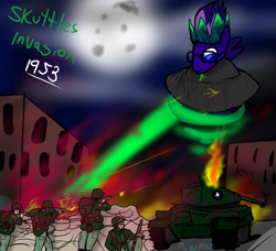 Size: 1700x1552 | Tagged: safe, artist:pawker, oc, oc:skuttles, alien, human, pony, 1950s, army, commission, destruction, fight, fire, firing, glowing, gun, laser, male, moon, rifle, soldiers, swamp cinema, tank (vehicle), united states, us army, weapon