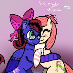 Size: 1000x1000 | Tagged: safe, artist:pawker, oc, oc:shymin, oc:skitzy, earth pony, pegasus, pony, commission, cute, female, glasses, hug, smiling, solo, swamp cinema, wholesome