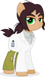 Size: 1136x1920 | Tagged: safe, artist:cirillaq, earth pony, pony, clothes, eyebrows, full body, green eyes, inside job, lab coat, lidded eyes, ponified, reagan ridley, shadow, show accurate, simple background, smiling, solo, standing, transparent background